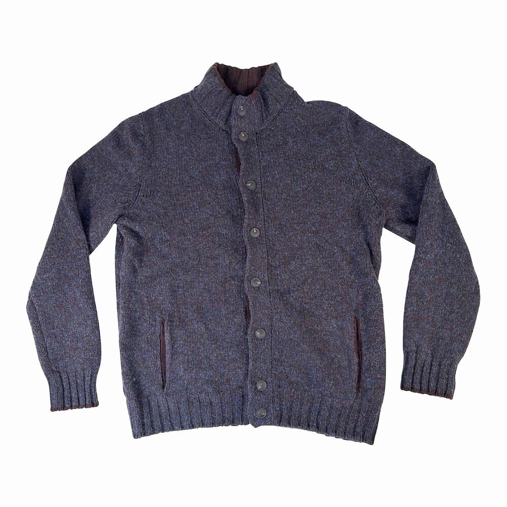 Gran Sasso Mens 54/L Virgin Wool Full Button Front Sweater Navy Burgundy Italy
